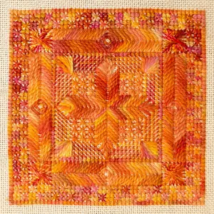 Seven geometric needlepoint patterns in textured stitches, with instructions for every stitch used and samples worked on 14 and 28 count.
