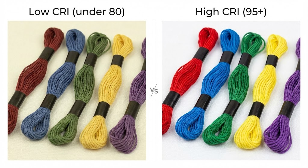 Side-by-side comparison of embroidery thread skeins under different lighting. Under low CRI lighting (below 80) the thread colours appear dull, muddy, and hard to distinguish. Under high CRI lighting (95 and above) the same threads show rich, vibrant, true-to-life colours.