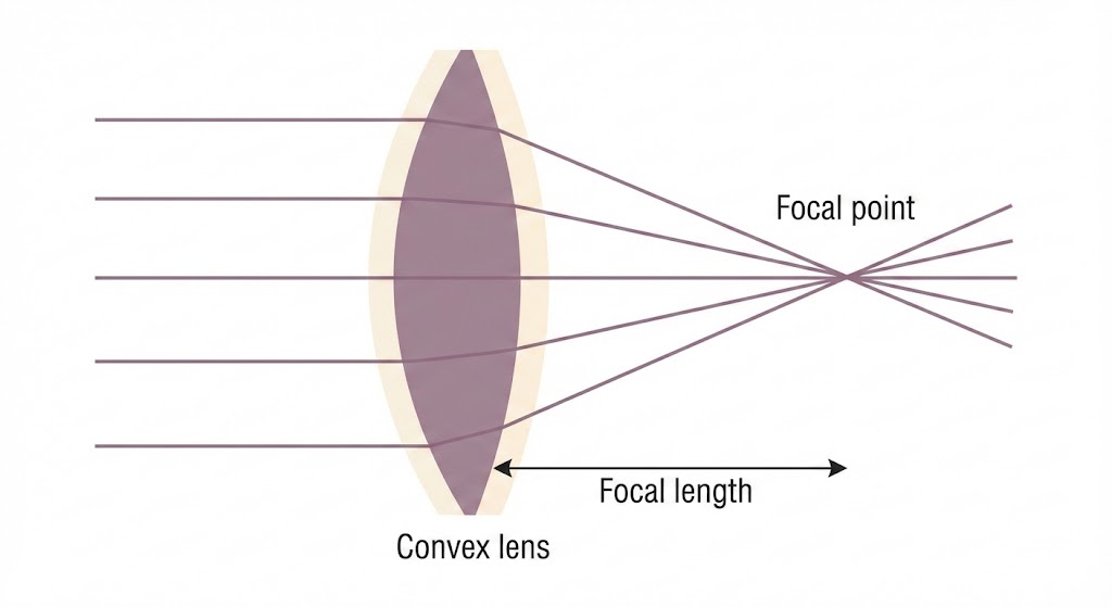 Diagram showing how a convex magnifying lens works. The lens is thicker in the centre and thinner at the edges. Parallel light rays enter from the left, bend inward as they pass through the lens, and converge at a focal point on the right.