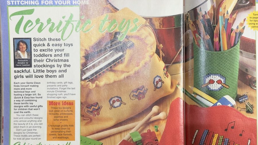 Carol Leather's exclusive cross stitch toy designs featured in Quick and Easy magazine
