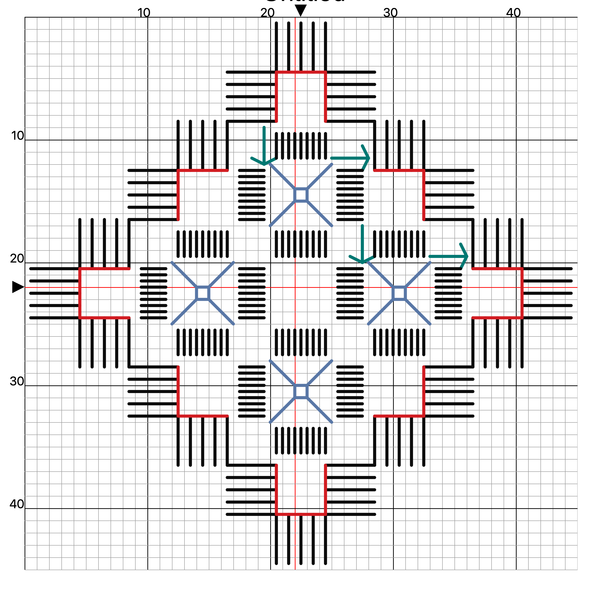 Hardanger embroidery cutting chart showing Kloster blocks, cutting lines in red, needleweaving bars in black, and square filets in blue across a grid layout Hardanger embroidery cutting chart showing Kloster blocks, cutting lines in red, needleweaving bars in black, and square filets in blue across a grid layout