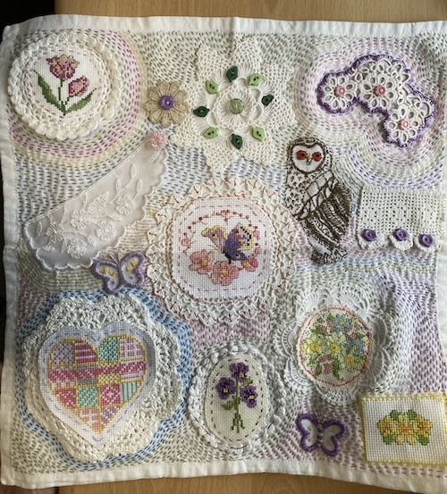 Cross stitch minis incorporated into slow stitching