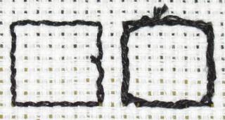 Comparison of backstitch and double running stitch: clean, even stitches on the left vs. thick, untidy stitches on the right