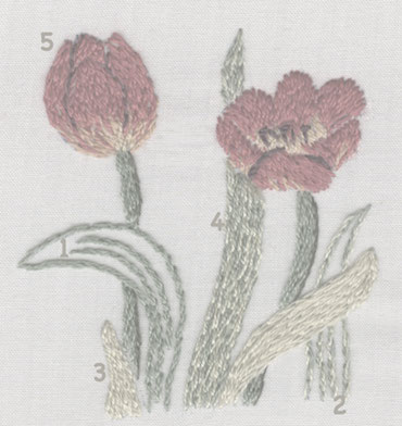 Guide to where the different stitches are used in the tulip design Guide to where the different stitches are used in the tulip design