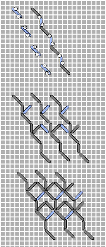Arrows and diamonds blackwork fill pattern diagram showing stitch order