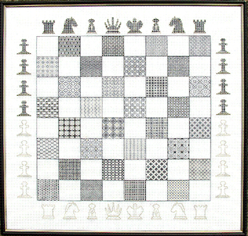 Blackwork Chessboard sampler with 16 distinct fill patterns in black and gold