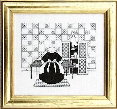 Victorian kitchen blackwork scene with a cook and a cat eyeing a mouse — ‘Mischief in Store’ blackwork + cross stitch pattern