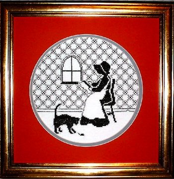 Victorian parlour blackwork with a lady stitching and a cat watching a mouse — ‘Mischief in the Making’ pattern