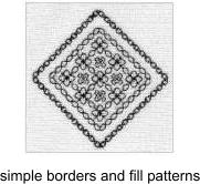 A diamond-shaped blackwork motif with border and fill patterns
