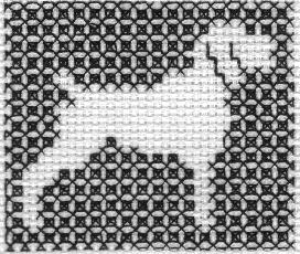 Blackwork Assisi-style dog with filled background and empty picture area
