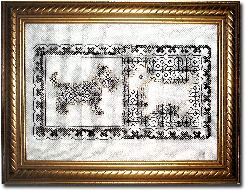 Blackwork dogs Assisi pattern featuring West Highland White and Scottish terriers