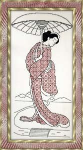 Keiko geisha blackwork pattern in red and gold under a paper parasol
