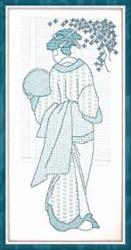 Turquoise Japanese Lady blackwork design with kimono, water lilies and turquoise obi