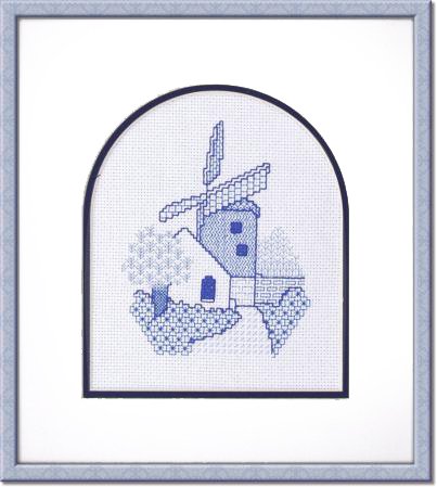 Blackwork needlework of a tower mill stitched in blue floss