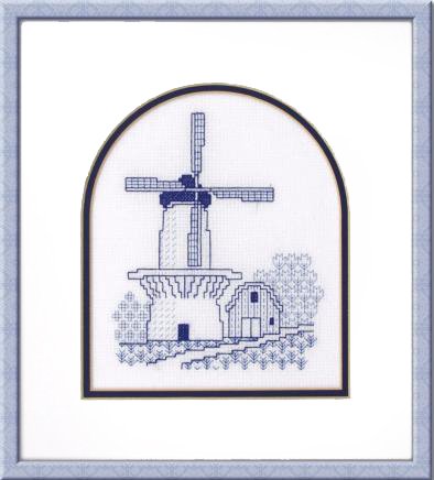 Blackwork design of an English smock mill stitched in blue floss