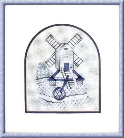 Blackwork design of an open trestle post mill stitched in blue floss