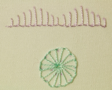 Blanket stitch wheel worked in a circle with stitches radiating from a central point