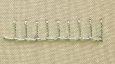 A completed row of blanket stitch worked in an embroidery hoop