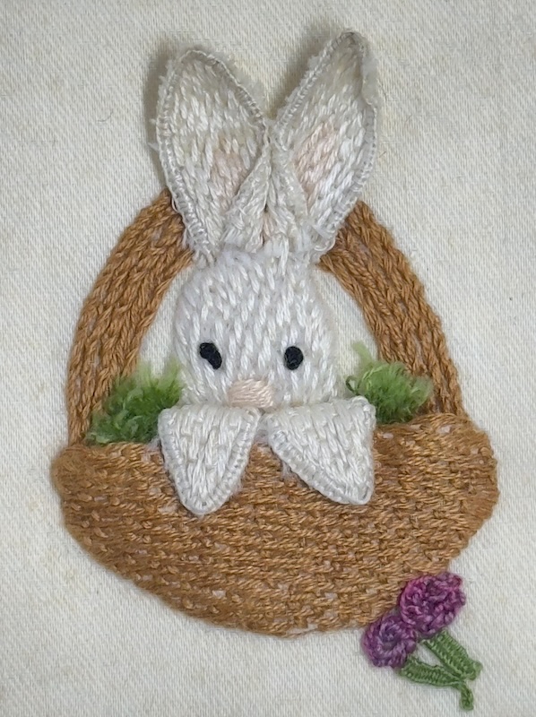Stumpwork bunny in basket project showing felt padding technique