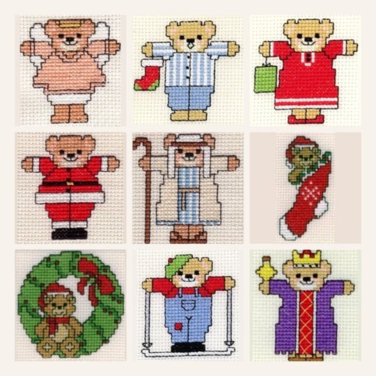 Nine stitched mini Christmas teddy cross stitch designs from the Little Ones collection