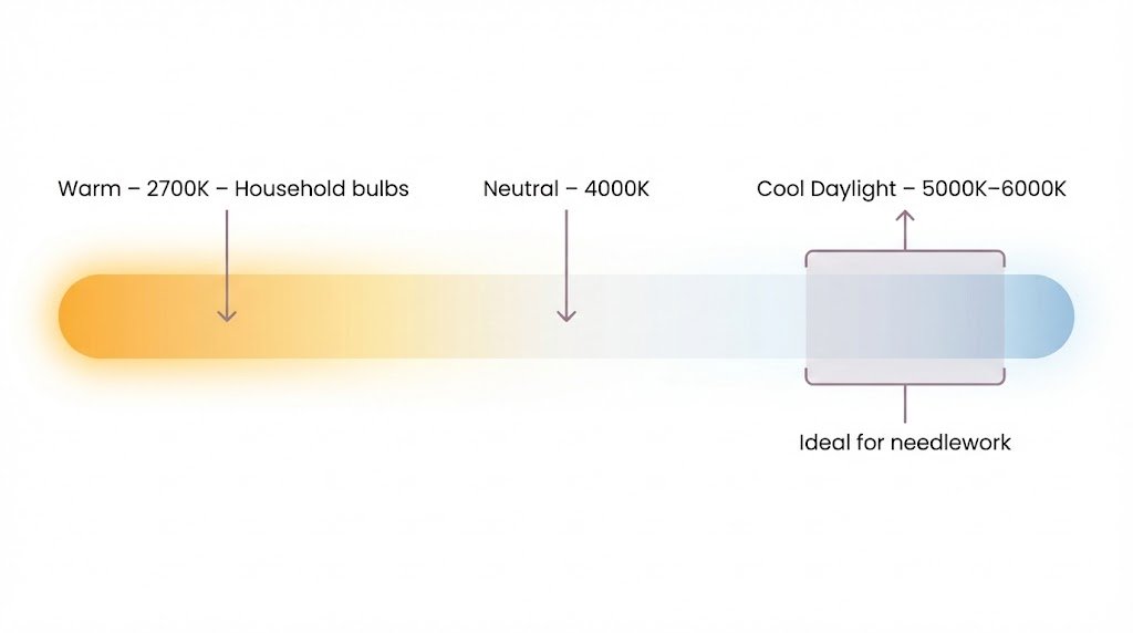 Horizontal colour temperature scale ranging from warm amber light at 2700K (household bulbs) through neutral white at 4000K to cool bluish-white daylight at 6500K. The 5000K to 6000K zone is highlighted as the ideal range for needlework and colour matching.