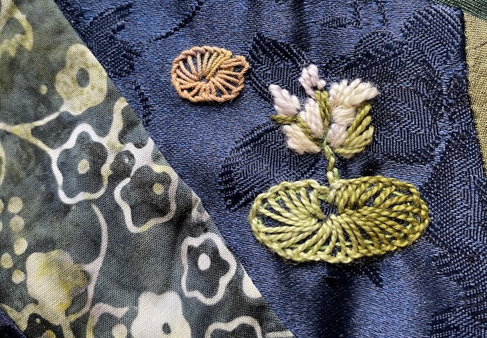 Completed water lily embroidery on the crazy quilt block