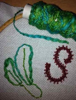 Samples of freeform couching stitch showing different creative approaches