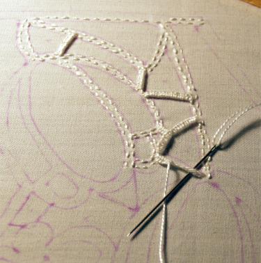 Laying and working buttonhole stitch bars