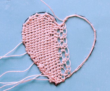 Continuing double Brussels stitch to fill the second half of the heart