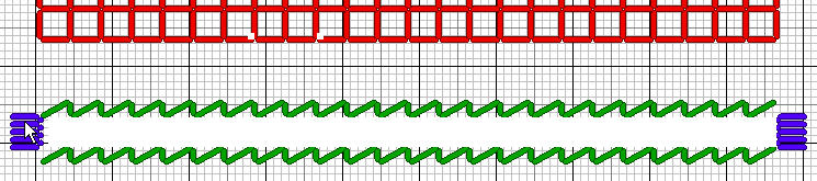 Chart for the drawn thread band showing the buttonhole stitches in blue and Band 1 in red