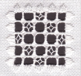 Completed Lesson 2 Hardanger embroidery piece featuring fancy Kloster blocks, wrapped bars, and dove's eyes in blue pearl cotton on 22-count fabric