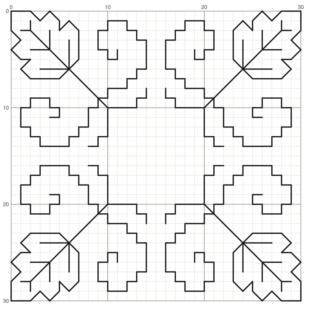 Harvest Time blackwork chart, four leaf motifs on a 30 by 30 square grid