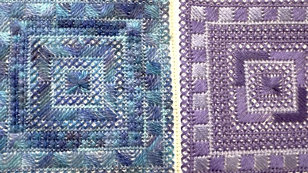 Two Infinity needlepoint squares side by side — the left stitched in blue over-dyed thread showing rich colour variation, the right in solid lavender thread showing clean stitch definition