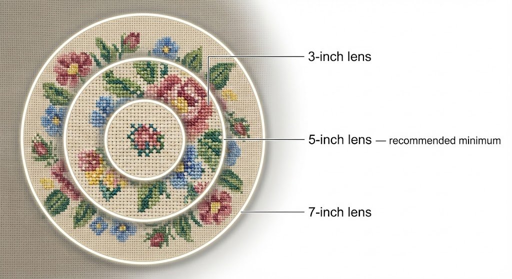 Bird's-eye view of a cross-stitch embroidery pattern with three concentric circles showing the viewing area of different magnifying lens sizes. The smallest 3-inch lens reveals only a tiny area of stitches. The 5-inch lens, marked as the recommended minimum, shows a comfortable working area. The largest 7-inch lens reveals a generous portion of the embroidery pattern.