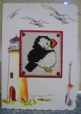 cross stitched puffin card, a Little Ones design