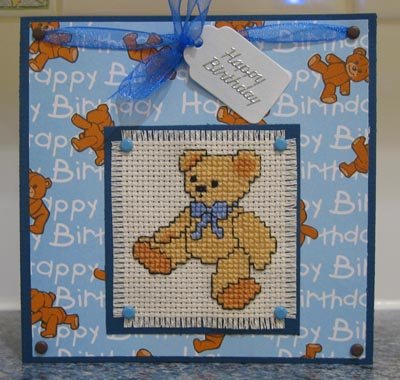 cross stitched teddy bear birthday card, a Little Ones design