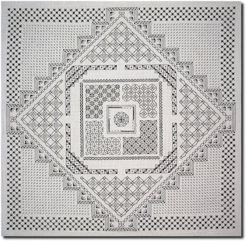 Blackwork Maze Sampler with twisting black-and-gold pathways and a central knot garden