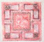 Tranquility needlepoint square stitched with thin thread and pale tones creating a traditional knot garden effect with visible canvas texture