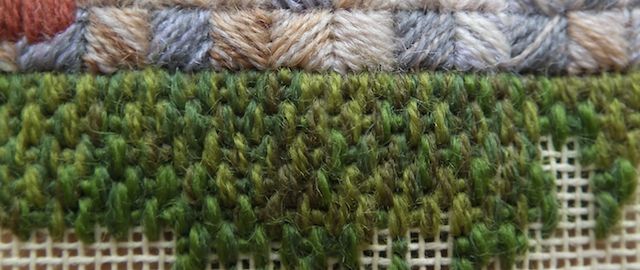 A needlepoint design in progress, using Parisian stitch for grass