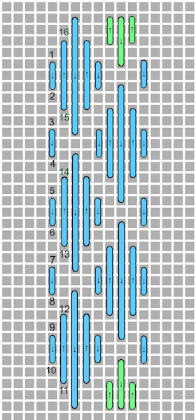 Pattern darning diagram showing stitch direction for each row