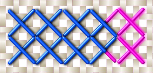 Diagram showing quarter stitches worked on evenweave fabric over two threads