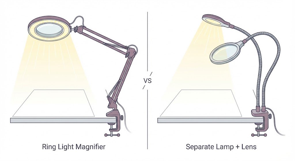Comparison of two magnifying lamp styles. Left: a ring light magnifier with a circular LED light surrounding a central magnifying lens on an adjustable arm. Right: a dual gooseneck design with separate flexible arms for the lamp and magnifying lens, both mounted from a single clamp base.