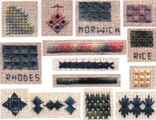 Sampler of needlepoint stitches showing different textures and styles
