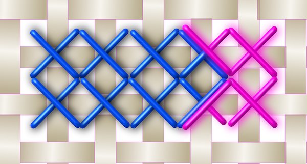 Diagram showing two three-quarter stitches sharing the same square when neither shape is dominant