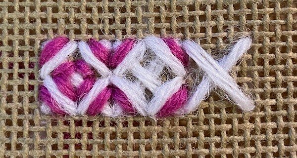 Triple rice stitch stage 3 showing the third layer of tie-down stitches