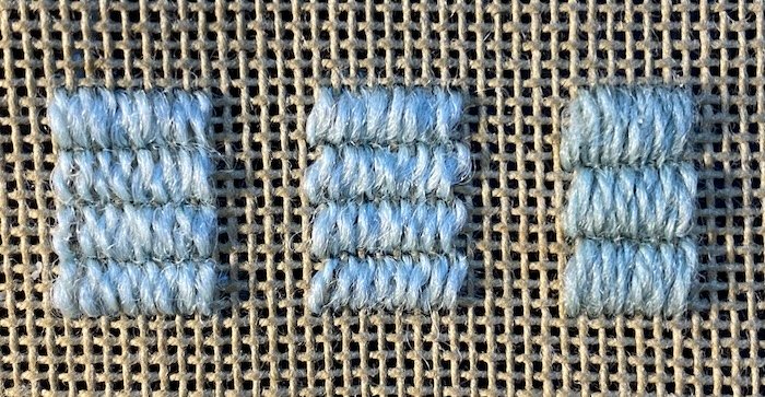 Straight and slanted gobelin stitch worked in wool yarns