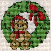 Teddy in Wreath, a stitched mini Christmas cross stitch design